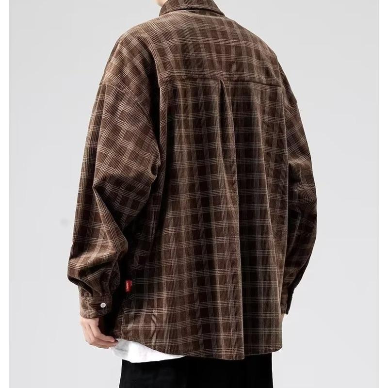 Men's Long Sleeve Corduroy Shirt - Japanese Retro Plaid Jacket for Spring & Autumn