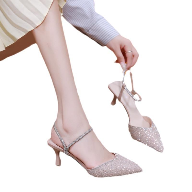 Hot Selling Fashion Woman 2024 New Design Ladies Thick Heeled Pointed Bright Diamond High Heels Shoes and Sandals for Women