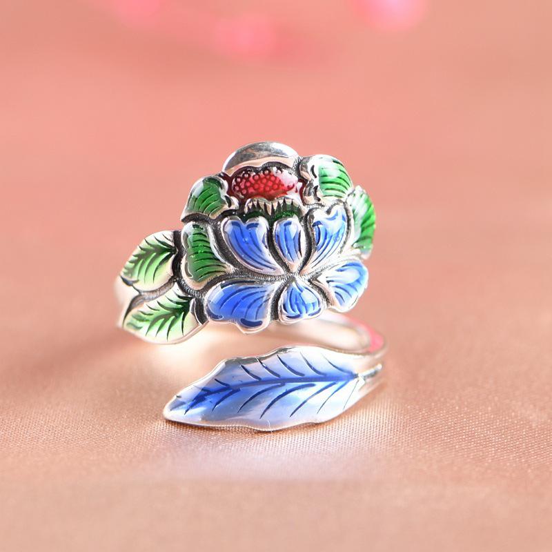 Elegant Peony Flower Ring, S925 Sterling Silver, Chinese Ethnic Style, Open Design for Women.