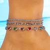 3pcs Set Simple Gold Color Evil Eye Anklets Set for Women Colorful Heart-crystal Chain Multi Layer Anklet Bohemian Beach Jewelry