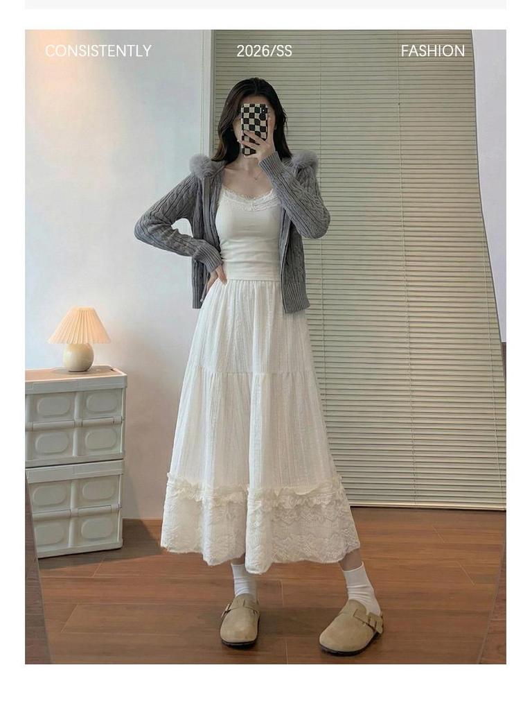 Women's White Lace High Waist A-line Umbrella Skirt - Mid-length Flare for Tall Figures