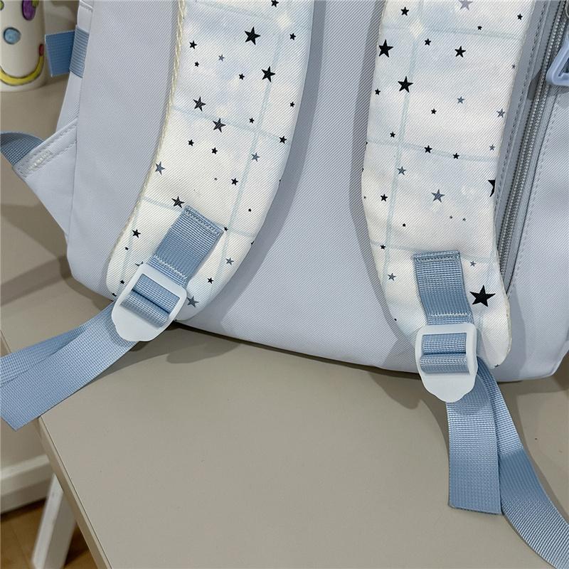 Cute Star Print School Backpack Lightweight Nylon Zipper Daypack with Clear Pocket for Teen Girls Daily Travel