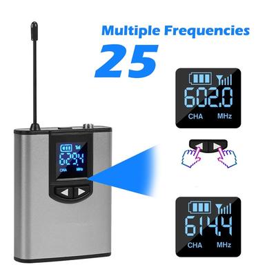 Wiederaufladbares tragbares Mini-Lavalier-Mikrofonsystem mit LCD-Anzeige, professionelles UHF-Funk-Ansteckmikrofon/Headset