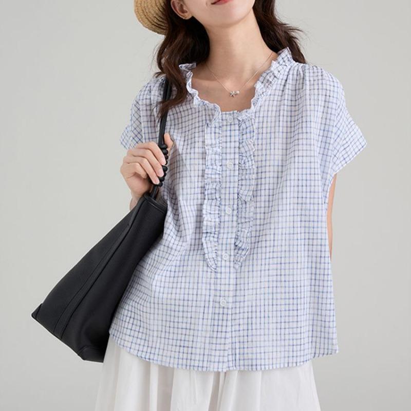 Women's Summer New Plaid Short Sleeve Shirt Casual Loose Ruffle Collar Blouse