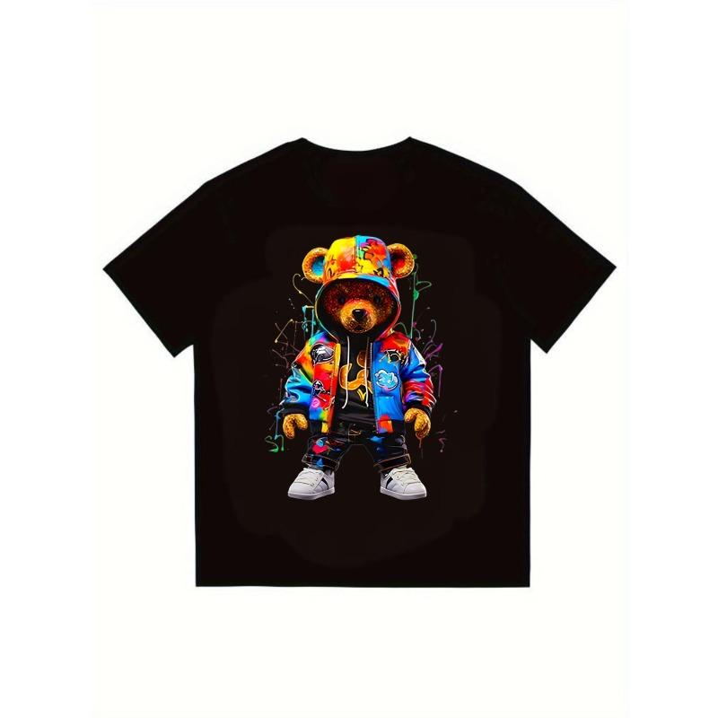 Men's Black T-Shirt Colorful Bear Graffiti Print Casual Streetwear Top for Everyday Wear and Urban Style His-and-hers Matching T-shirt
