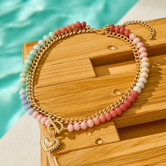 Preppy Aesthetic Beaded Necklace Women Layered Necklace, Heart Pendant Colorful Bohemian Choker Jewelry for Summer Beach Party