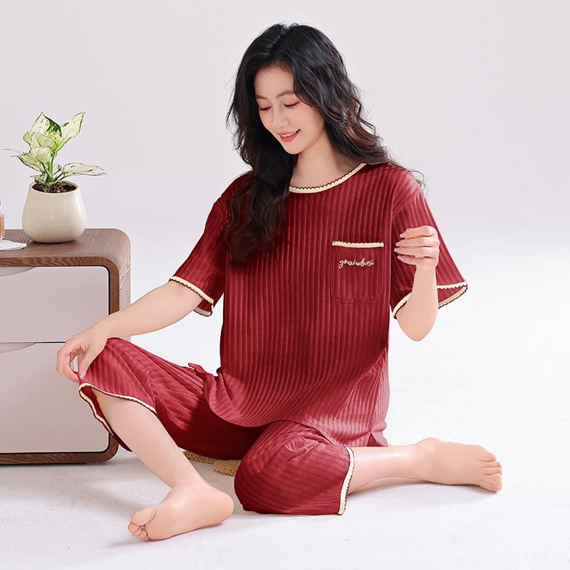 Pajamas women's summer pure cotton short-sleeved printed cropped pants thin cotton women's loungewear summer loose large size set