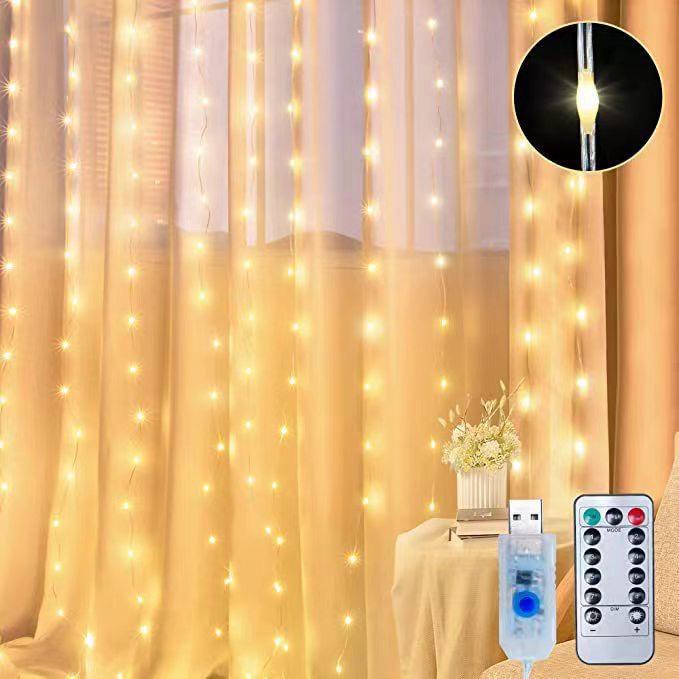 300 LED Copper Wire Curtain Lights, 3x3m, USB, with Eight-Function Remote for Outdoor Waterproof Christmas Decoration