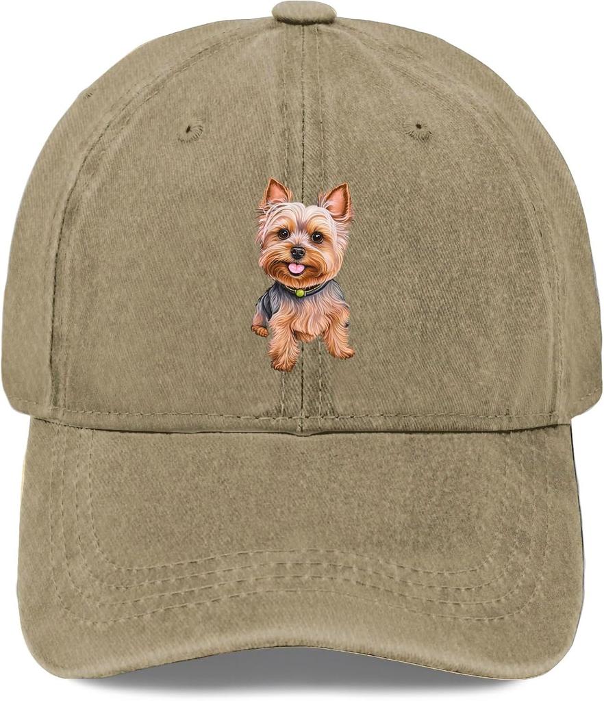 Yorkshire Terrier Dog Print Distressed Baseball Cap Soft Washed Adjustable Casual Outdoor Hat