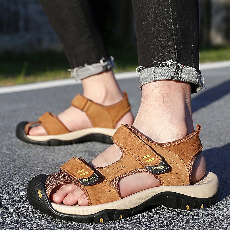 Sandals Men's Summer Outdoor Mountaineering Antiskid Shoe Soft Bottom Leather Waterproof Closed Toe Casual Shoes Mesh Sports Beach Shoes