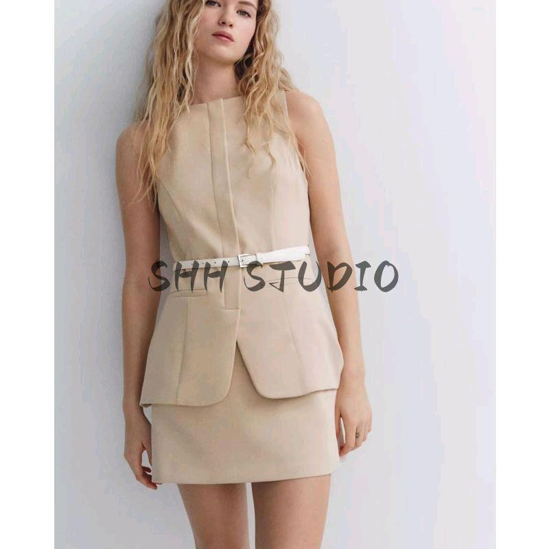 Spring New Women's Clothing American Commute Style with Belt Two-piece Set Short Sleeveless Dress 3152308