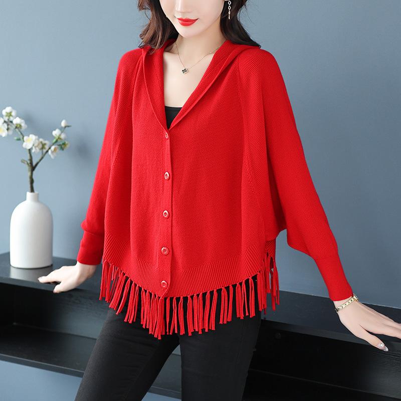 Lazy Wind Fringed Knitted Sweater Jacket Women's Autumn Solid Color Casual Large Size Bat Hooded Sweater Loose Cardigan Women