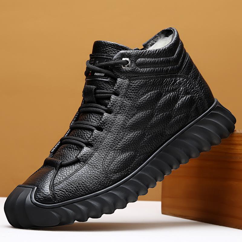 

Мужские высокие ботинки из коровьей кожи первого слоя, зимние бархатные утолщенные теплые ботинки с интегрированным мехом, повседневные хлопковые ботинки, нескользящие ботинки для папы, хлопковые ботинки 44 чёрный