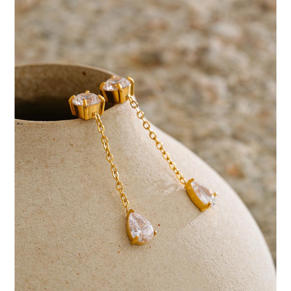 Yhpup Cubic Zirconia Chain Water Drop Dangle Earrings Trending Golden Stainless Steel Delicate Korean Chic Jewelry Accessories