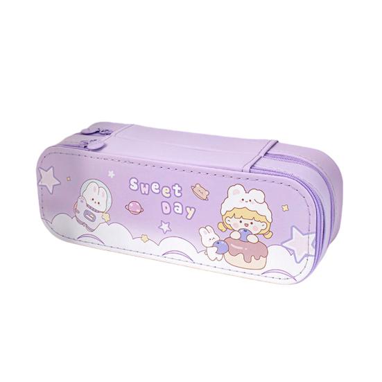 

Dual-Layer Pencil Case Faux Leather Cute Stationery Bag Large Capacity Portable Pen Pouch for School Office Supplies D