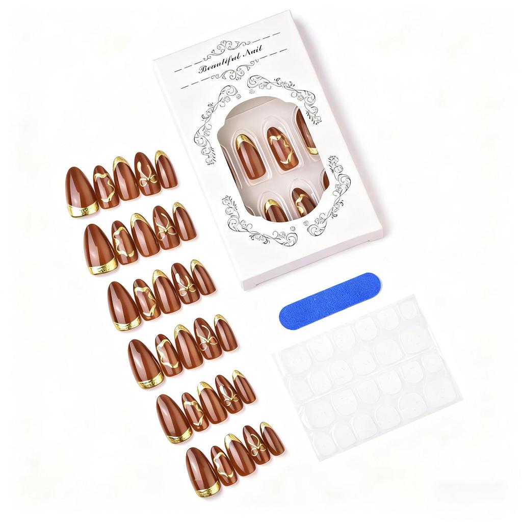 30pcs Gold Foil Cat Eye Almond 3D Bow French Nail Art Set