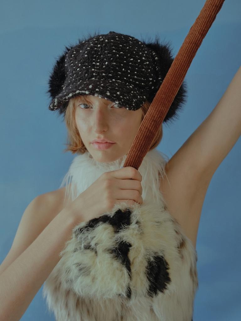 Poejidam Shaggy Earflap Cap In Boucle Dot Black