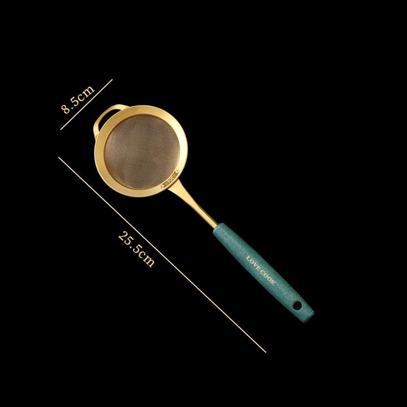 304 Stainless Steel Kitchen Strainer with Green Handle Golden Juice Flour Sieve Fried Food Skimmer Fine Mesh Filter Colander