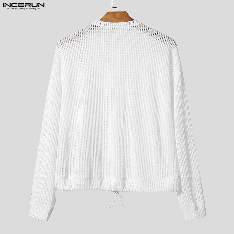 INCERUN Oversized Men Long Sleeve Hollow Webbing Casual Loose Cropped Tops Shirts