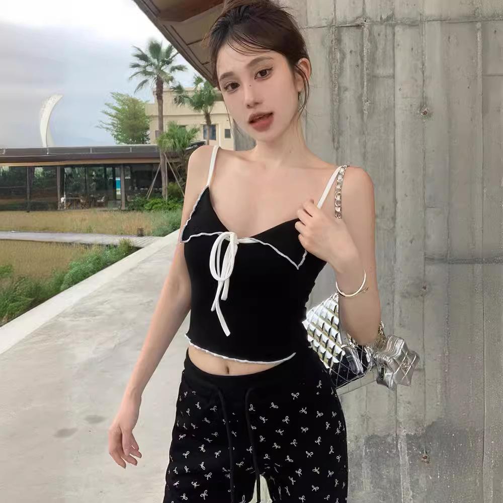 Summer women's new YK European and American style Spice Girls sexy pure desire lace-up contrasting color V-neck short suspender vest top