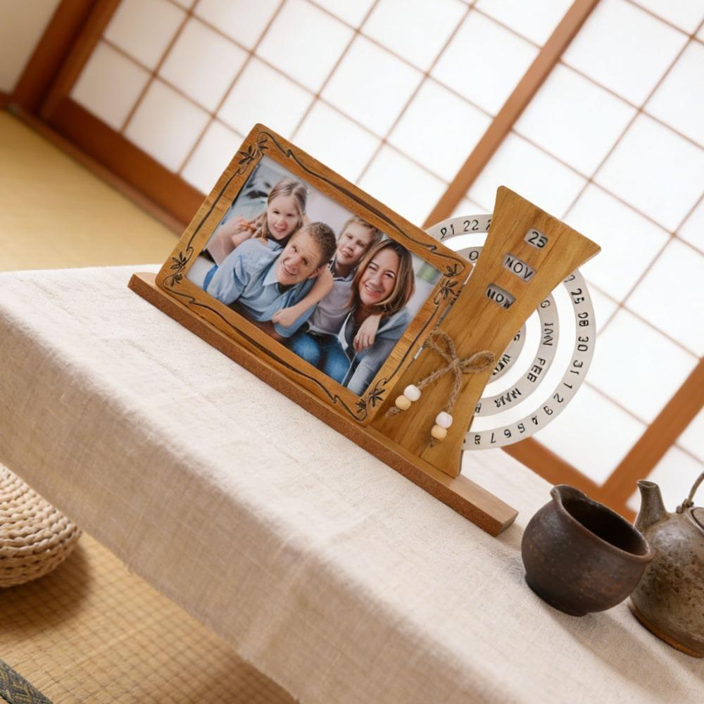 Rotating Display Eternal Calendar Photo Frame Wooden Rotating Calendar Ornament Office Decoration