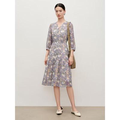 JiuZi An Na Kou Floral Print Chiffon Puff Sleeve Dress