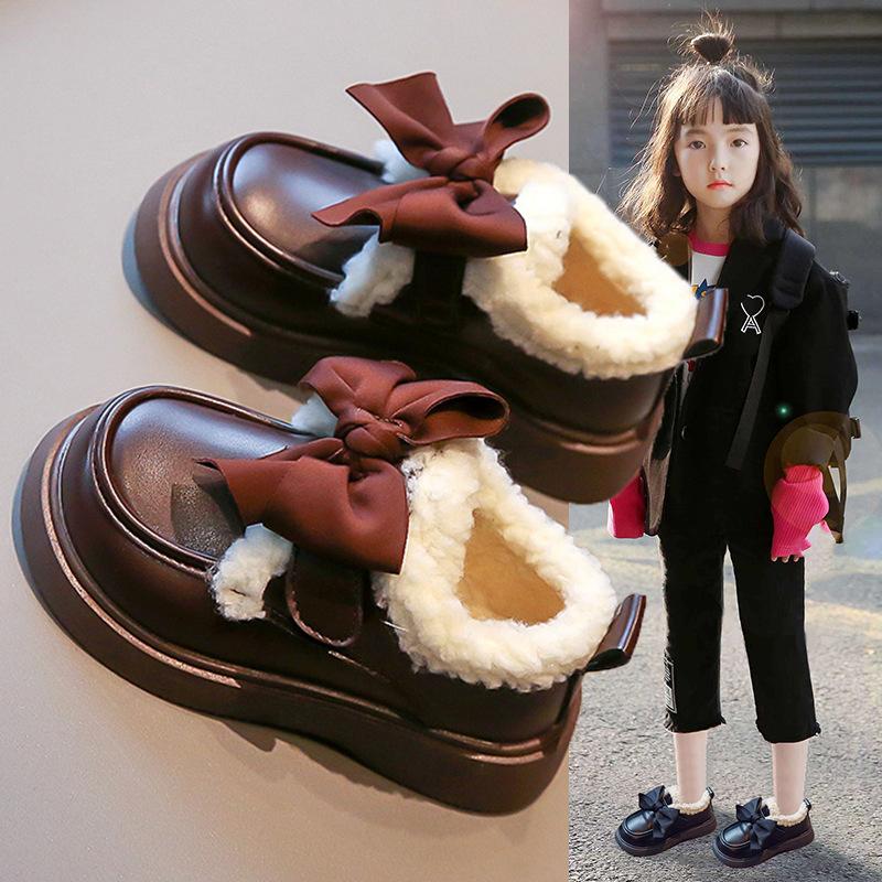 Girls Shoes Children Princess Small Leather Shoes 2025 Spring and Autumn New Winter Velvet Little Girl British Style Love Black
