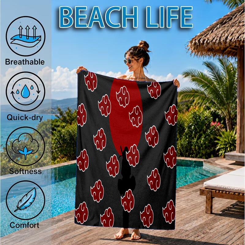 Anime Red Clouds On Black Background Beach Towel, Microfiber Beach Towel, Perfect For Pool, Beach, Travel, Home Decor Beach Party Fan Gifts