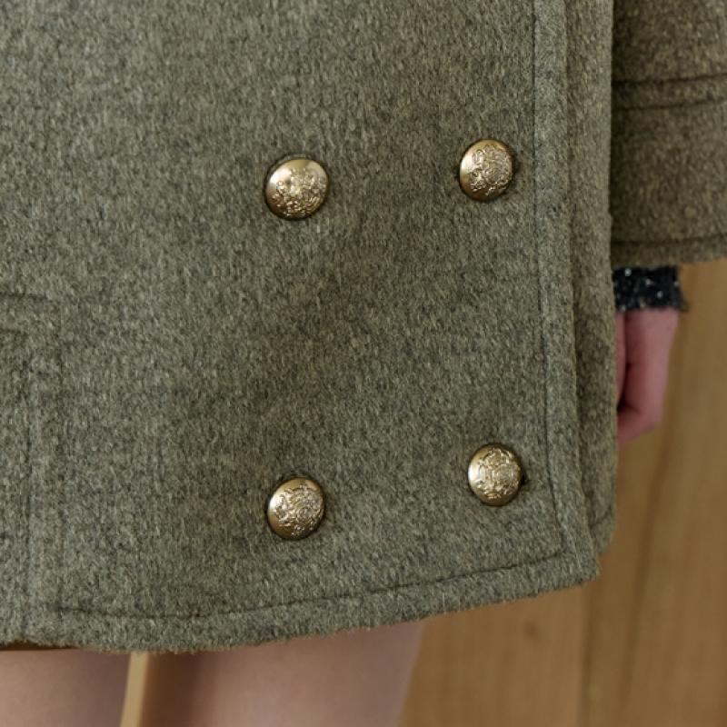Maxza Wide Collar Bijo Decoration Double Half Coat Khaki 