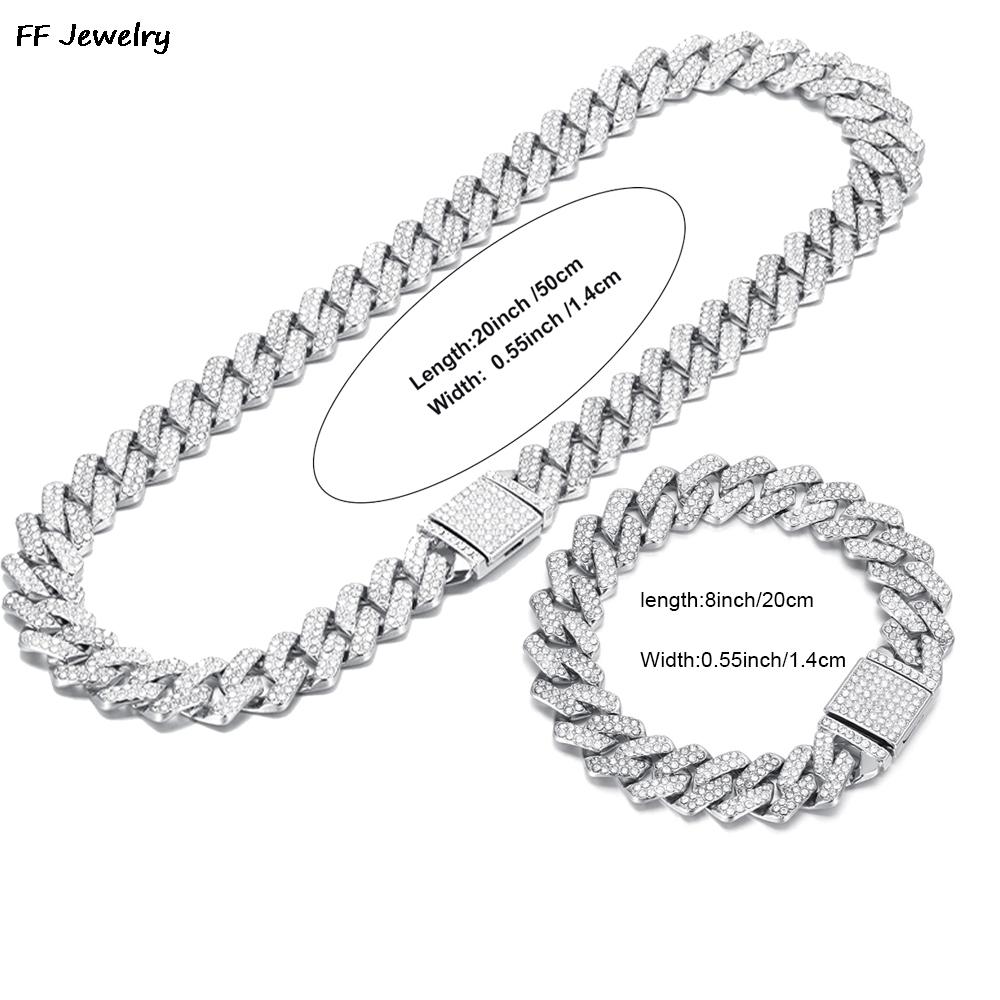 Necklace+Bracelet Cuban Link Chain Hip Hop Men Necklace 14mm Iced Out Paris Chain 2 Row Rhinestone Paved Miami Rhombus Cuban