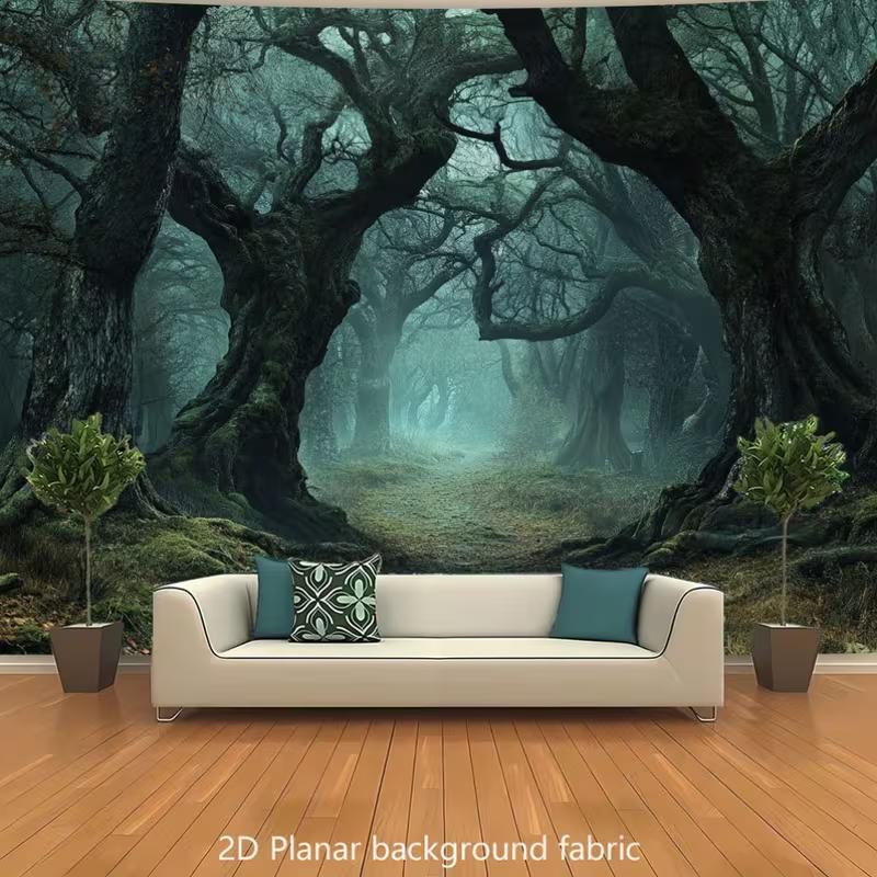 

2D Mystical Foggy Forest Tapestry Dark Twisted Tree Tunnel Wall Art Tapestry for Gothic Home Decor 47.2x31.5inch/120*80cm