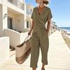 Women's 2 Piece Outfits Asymmetrical Hem V Neck Short Sleeve Ruched Top And Cropped Pants Set Summer Casual Lounge Sets
