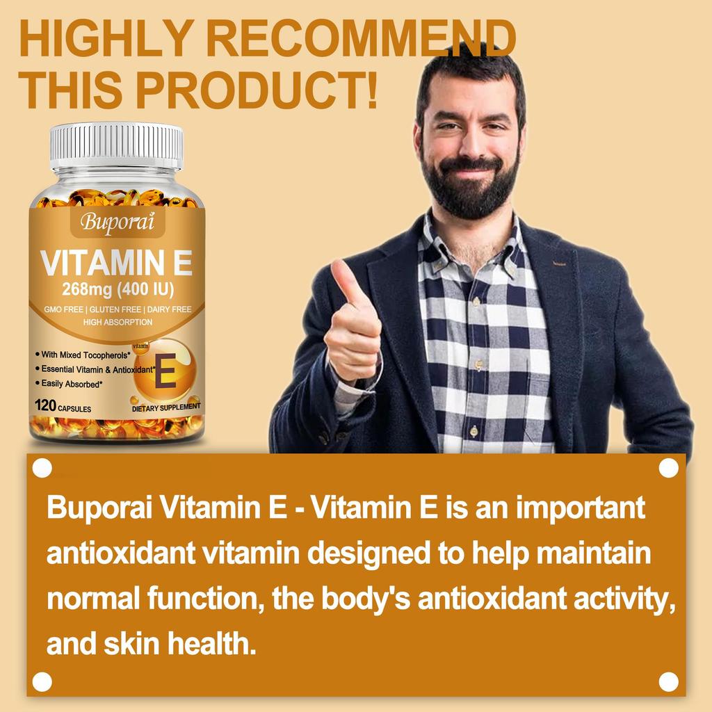 Buporai Vitamin E Capsules, Beneficial for Skin Health and Support Skin Hydration, 120 Capsules.