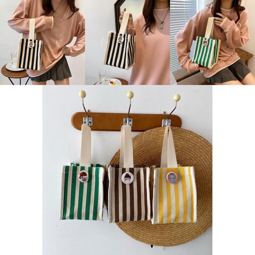 Stylish Colorful Striped Nylon Shoulder Tote Bag For Women Trendy Handheld Lunch Bag