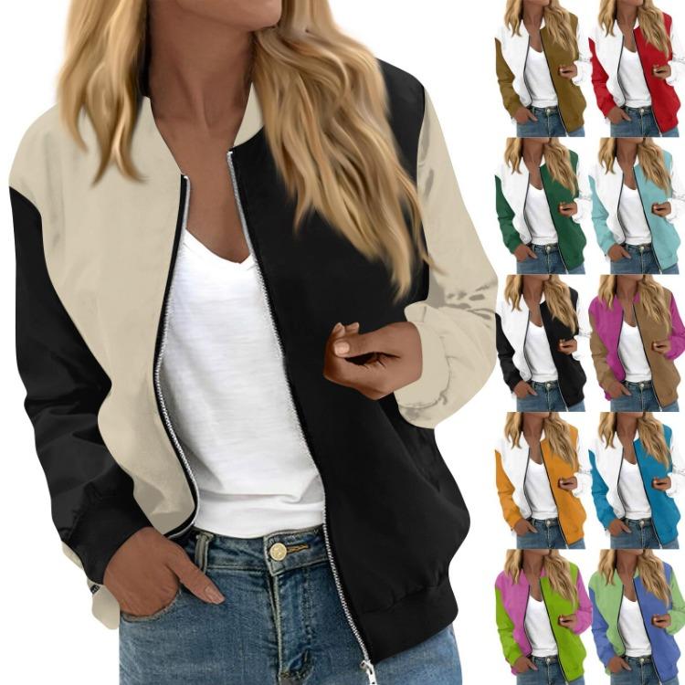Print Round Neck Casual Long Sleeve Zipper Jacket Fashionable Women