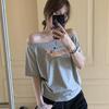 Slant Shoulder Off-shoulder Short-sleeved Top Women's Summer New Graffiti Puppy Print Loose Lazy Wind One-word Shoulder T-shirt