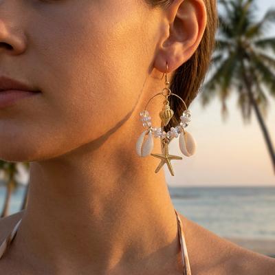 Mermaidcore Seashell Starfish Hoop Dangle Earrings for Women Beaded Boho Ocean Beach Summer Vacation Fashion Jewelry Accessories