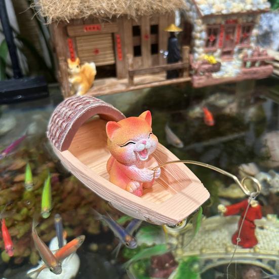 Floating Fishing Cat Figurine Black Awning Boat Cartoon Cat Statue Resin Sculpture Fish Tanks Aquarium Micro Landscaping Decoration Ornament