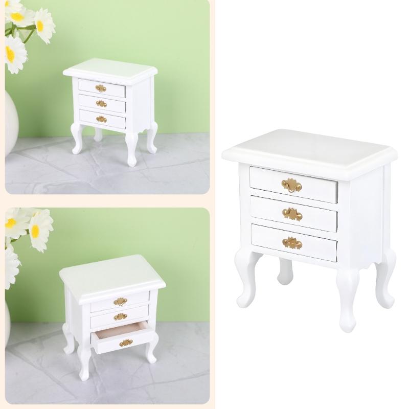1: 12 Scale Wooden Doll house night table With Functional Drawer For Miniature Bedroom Scene Decoration