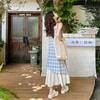 [Welcome to Kanban] Red fake two-piece plaid lace suspender dress women's summer seaside vacation dress