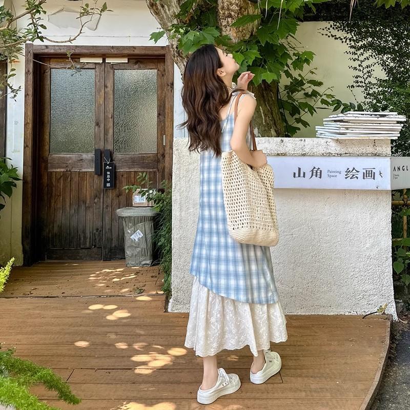 [Welcome to Kanban] Red fake two-piece plaid lace suspender dress women's summer seaside vacation dress