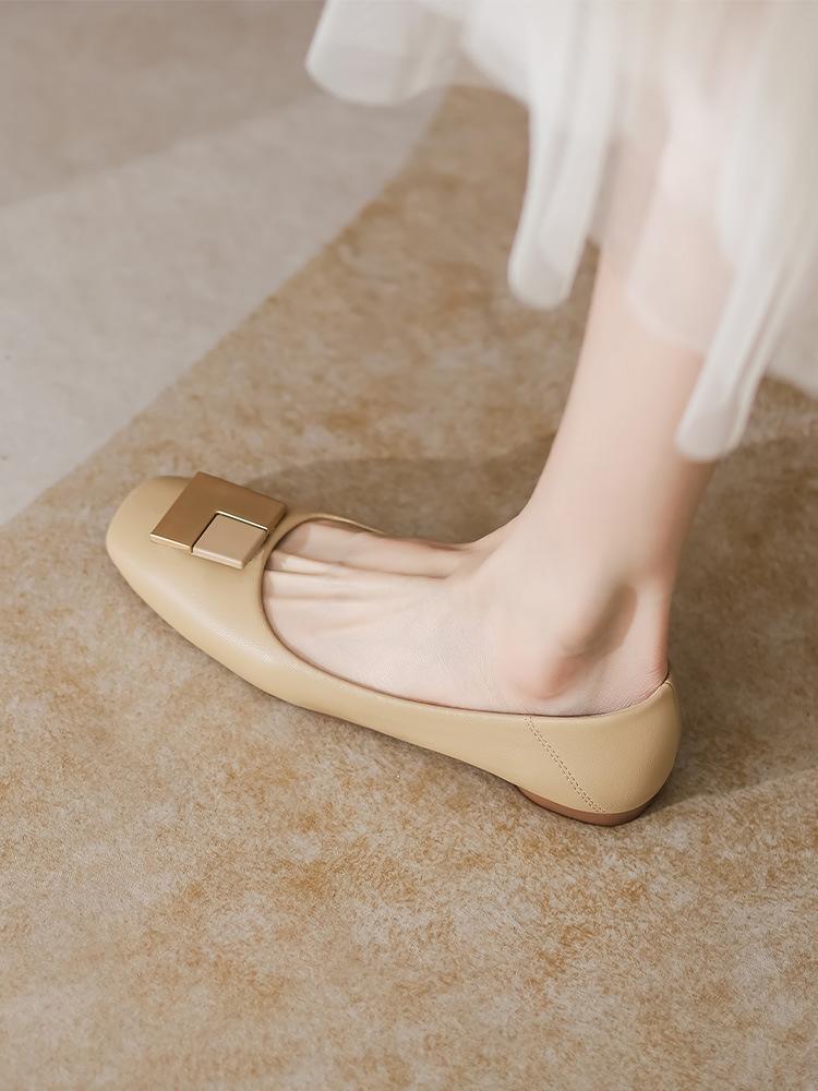 

Весна 2025 новые туфли бабушки женские плоские с бриллиантовой пряжкой рабочие одинарные туфли мягкая кожа нежные феи туфли Doudou 40 абрикосовый