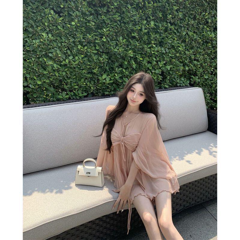 

Kubiliv Mint Sea Mist French V-neck Chiffon Ruffle Long Sleeve Dress for Women M