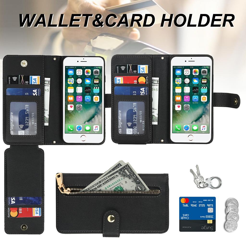 Stand Case for iPhone SE (2022)/(2020)/8/7 PU Leather Phone Cover with Straps/Zipper Wallet/Multiple Card Slots