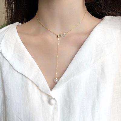Japanese and Korean Simple Personality Temperament Versatile Collarbone Chain Inlaid with Diamond Moon Pearl Adjustable Necklace