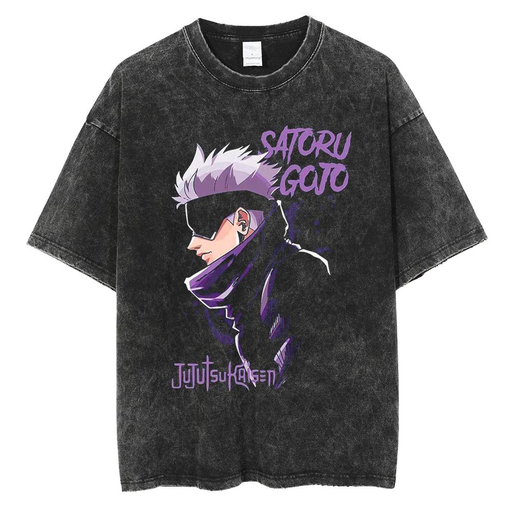 Anime Jujutsu Kaisen Ryomen Sukuna Washed T-Shirt Vintage Cotton Men's Streetwear Oversized Women Short Sleeves