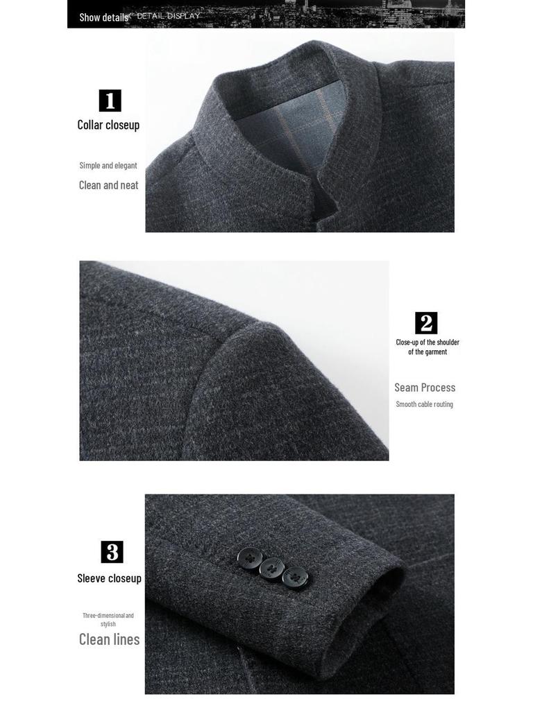 Men's Luxury Double-Faced Wool Coat - Stand Collar Casual Design, Plus Size, Winter Fashion