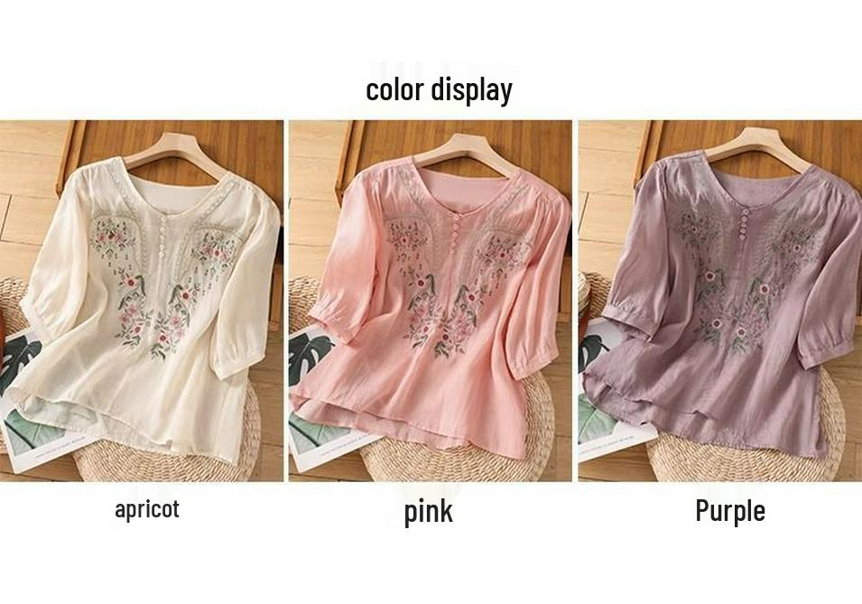 Embroidered Cotton Linen Short Sleeve Chinese Blouse for Women - Loose, Slimming, and Versatile