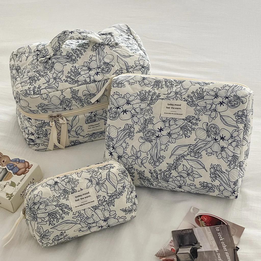 Dames Ritssluiting Make-up Tas Organizer Bloemen Kussensloop Katoen Make-up Tas Vrouwen Stof Handtas Draagbare Toiletartikelen Tas Meisjes Reizen