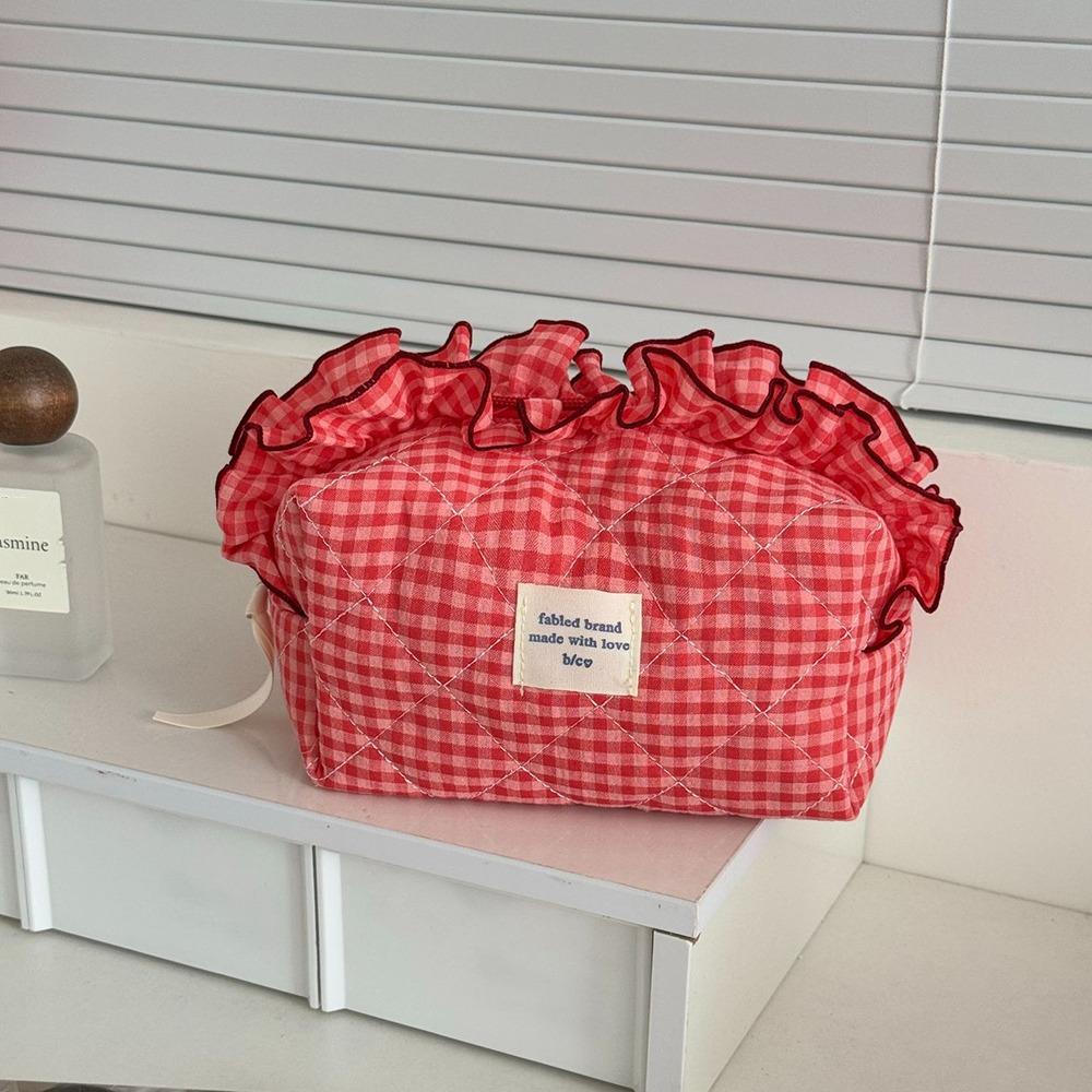 Large Capacity Ruffle Makeup Bag Plaid Pattern Wash Storage Bag Toiletry Organizer Skincare
